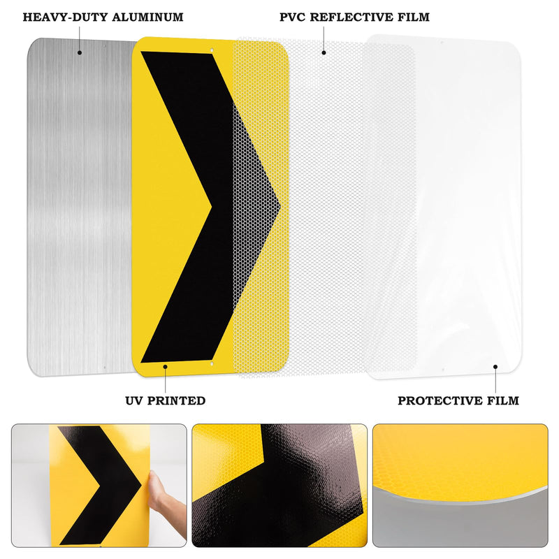 2 Pack Chevron Arrow Sign 18 × 12 Inch Engineer Grade Reflective Aluminum Waterproof Rust-Free Metal Right Arrow Sign with Pre-Drilled Holes for Road Driveway Curve Outdoor Black,Yellow 18" × 12" Right Arrow