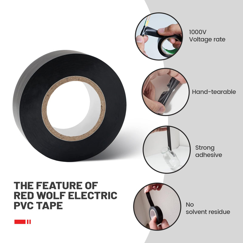 RED WOLF Electrical PVC Tape 5 Packs 1/2" x 66FT Acrylates Copolymer Viscosity Flexibility Electric Tape, Flame Retardant Waterproof 1000 Volt for Auto Engine Industrial Wrapping Wiring Harness