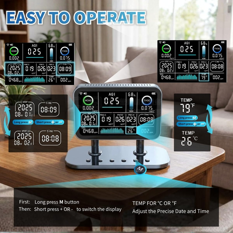 [Australia - AusPower] - Air Quality Monitor Indoor,16 in 1 Smart Air Quality Monitor 6" Indoor Air Quality Meter VOC, AQI, HCHO, CO, Alarm, PM1.0, Temp, HUMI&CO2 PM2.5 Monitor,Indoor Air Quality Test for Home WiFi Connect Grey 