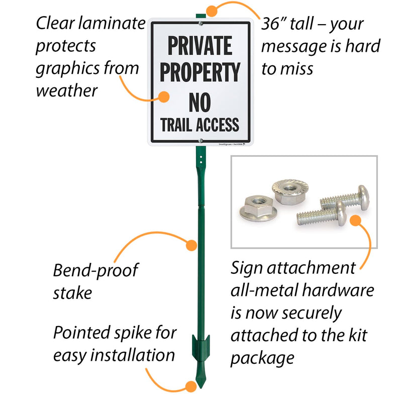 SmartSign 12 x 10 inch “Private Property - No Trail Access” LawnBoss Yard Sign with 3 foot Stake, 40 mil Laminated Rustproof Aluminum, Black and White, Set of 1