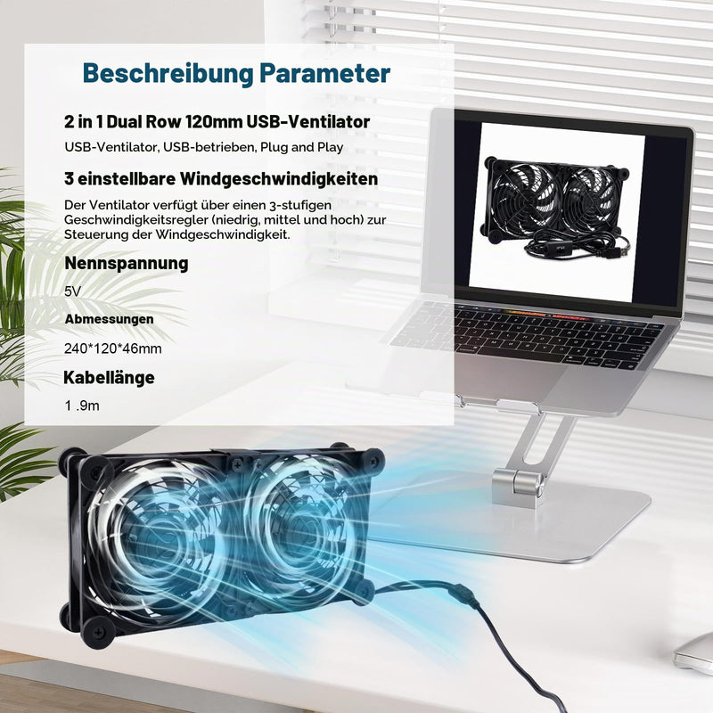 2 in 1 Quiet Dual Router Fan Cooler 120 mm with 3 Degree Speed Control (L/M/H), DC 5 V, USB Powered Cooling Case Fan for Router, Modem, Receiver, DVR, PlayStation, TV Box Dual 120mm