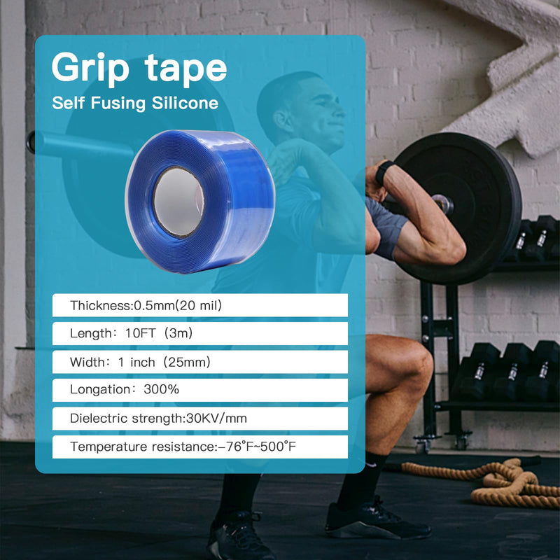 Self-Fusing Silicone Grip Tape for Gym Equipment, Pull Up Bars, Barbells, Dumbbells, Sports Gear, Handles & Steering Wheel (Blue, 10 FT) Blue