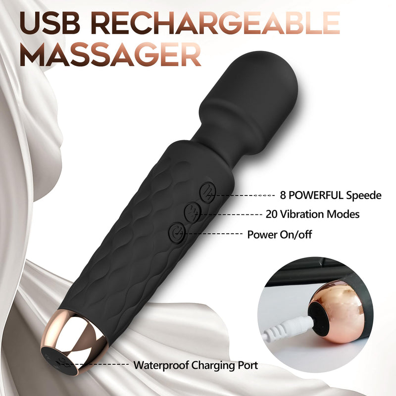 Personal Massager, Handheld Wireless Massager, Waterproof and Portable, 20 Speeds 8 Patterns Cordless Massagers for Neck, Back Pain, Leg and Hand Pain & Sports Recovery, Black Large