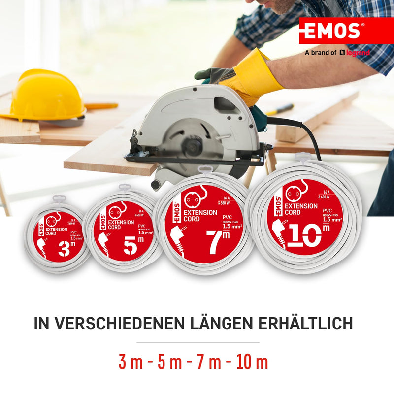 EMOS - IP20 extension cable 7m - 1 Schuko socket - 250 V, 16 A, 3680 W - high-quality PVC insulation - H05VV-F3G 1.5 mm2 - increased touch protection - for indoor use - white 7 Meter