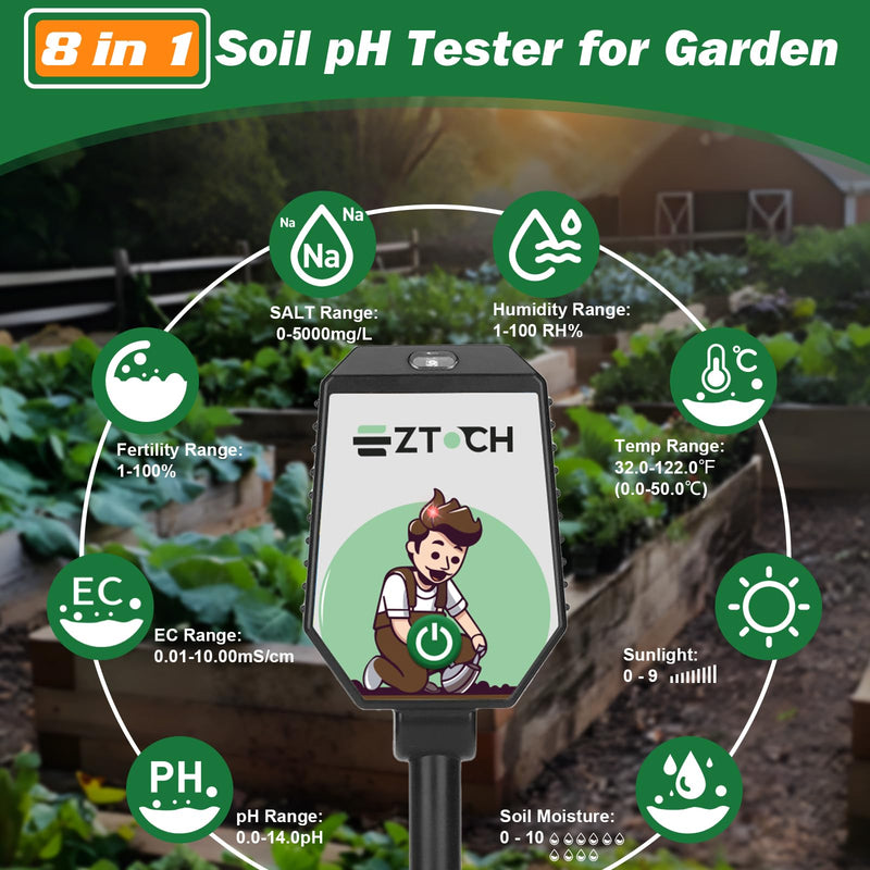 [Australia - AusPower] - Bluetooth Soil pH EC Tester, Smart Plant pH Fertility Meter, 8 in 1 pH EC Fertility Temp Salt Moisture Light Intensity Air Humidity Monitor for Blueberry, Garden, Lawn, Raised Garden Beds 8 in 1 pH Tester 