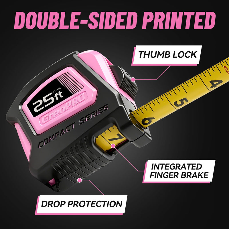 GRENPRO 25FT Magnetic Tape Measure, 1/8 Fractions Easy Read Double Sided Measuring Tape, Retractable Nylon Coated Tape with Magnetic Hook, Shock Absorbent Case for Construction, Carpentry, Woodworking Pink