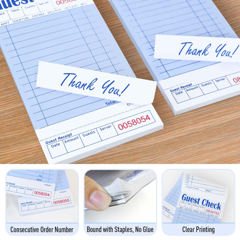 [Australia - AusPower] - Guest Check Books for Servers, 5 Pack of EP-3632-1 Server Note Pads, Thick Server Paper with Guest Receipt, Waitress Notepads - 250 Orders Total (Blue, 6.75"x3.5") 