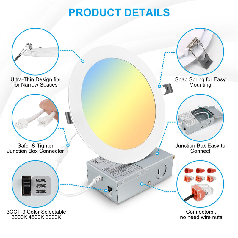 [Australia - AusPower] - 7 Inch 3CCT Ultra-Thin LED Recessed Light with Junction Box, 3000K/4500K/6000K Selectable, 18W Eqv 125W, Dimmable Canless Downlight, 1600LM High Brightness 1 Pack 