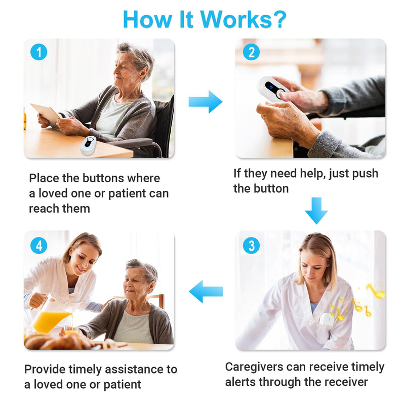 [Australia - AusPower] - Caregiver Call Button Beeper Pager System Rechargeable & Portable Receiver with 500Ft Range Alert Button Call Bell for Elderly/Patient/Disabled at Home/Hospital/Clinic 2 buttons+1 receivers 