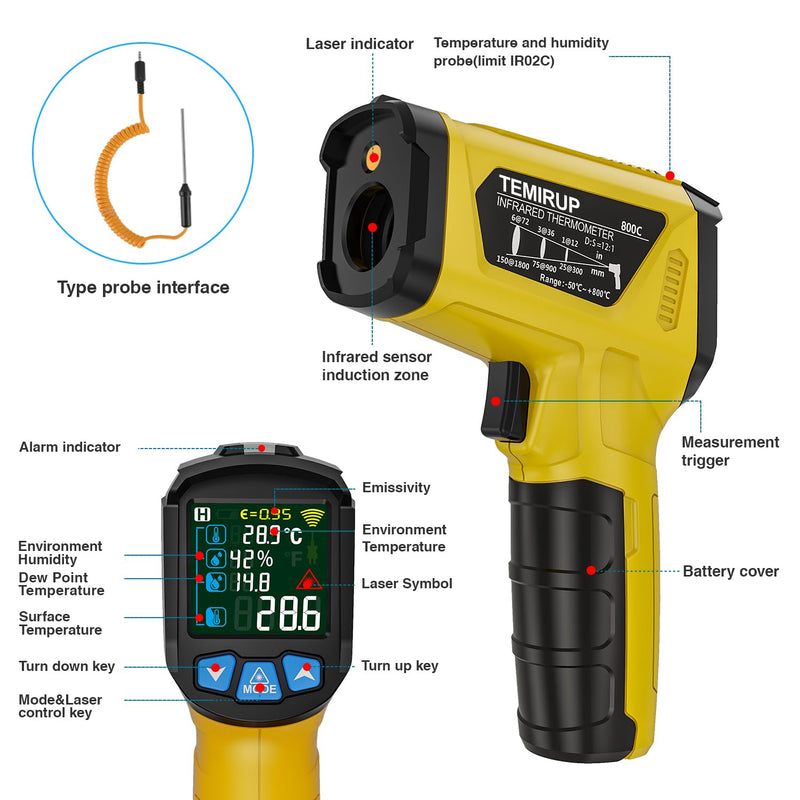 [Australia - AusPower] - Infrared Thermometer Temperature Gun,-58°F to 1472°F Non Contact Digital IR Laser Thermometer Temp Gun with Probe & Humidity Measurement for Cooking,Griddle,Engine,HVAC,Adjustable Emissivity Yellow-58°F to 1472°F(-50~800°C) 