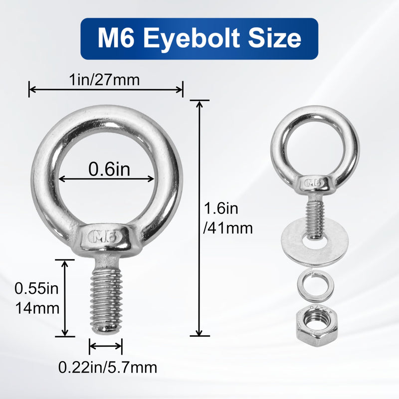 24 Pack M6 Stainless Steel Eye Bolts with Nuts Washers, 0.55"（14mm） Thread Length - Eyebolts for DIY, Furniture, Swing, and Outdoor Use (24, M6 x 14mm) 24