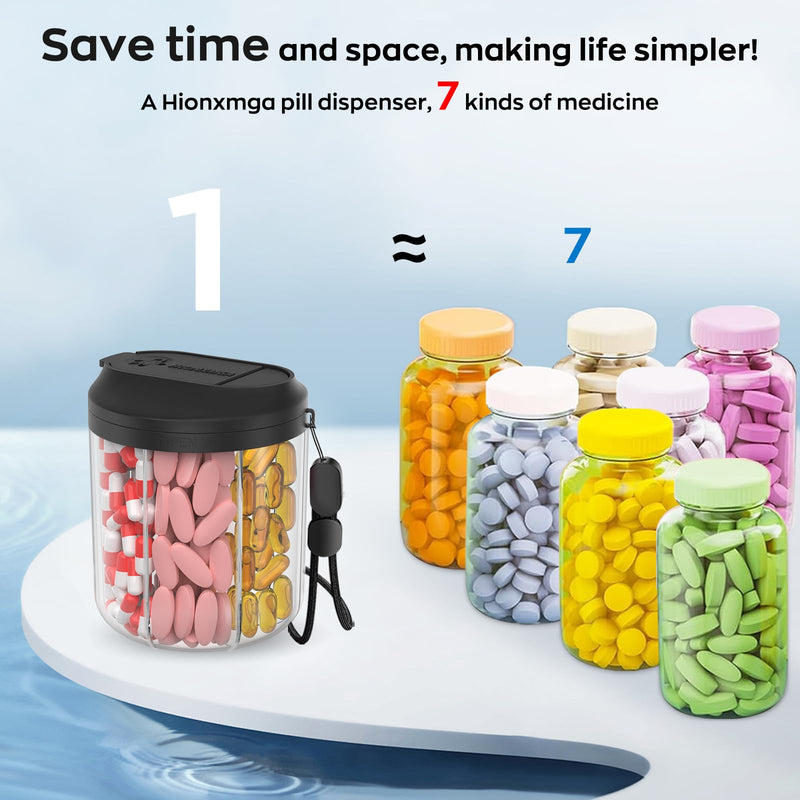 [Australia - AusPower] - Pill Dispenser with 7 Large Compartments, Pill Bottle Organizer for Travel, Supplement Organizer with Anti-Mixing Design, BPA-Free Pill Container with 20 Pcs Labels, Black Transparent Black 