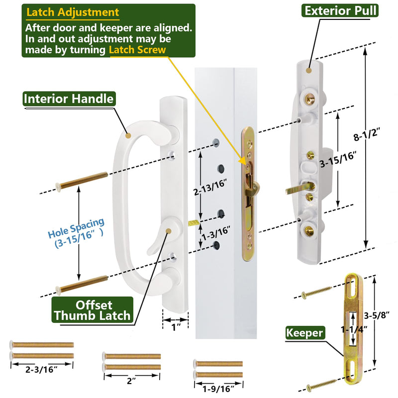 Patio Sliding Glass Door Handle Set with Mortise Lock 45° Keyway, Keyed Offset Position Zinc Diecast I/E Pull Handles, Fits 3-15/16" H.C., 1-3/8" to 2-1/4" Thick Doors, Non-Handed, White