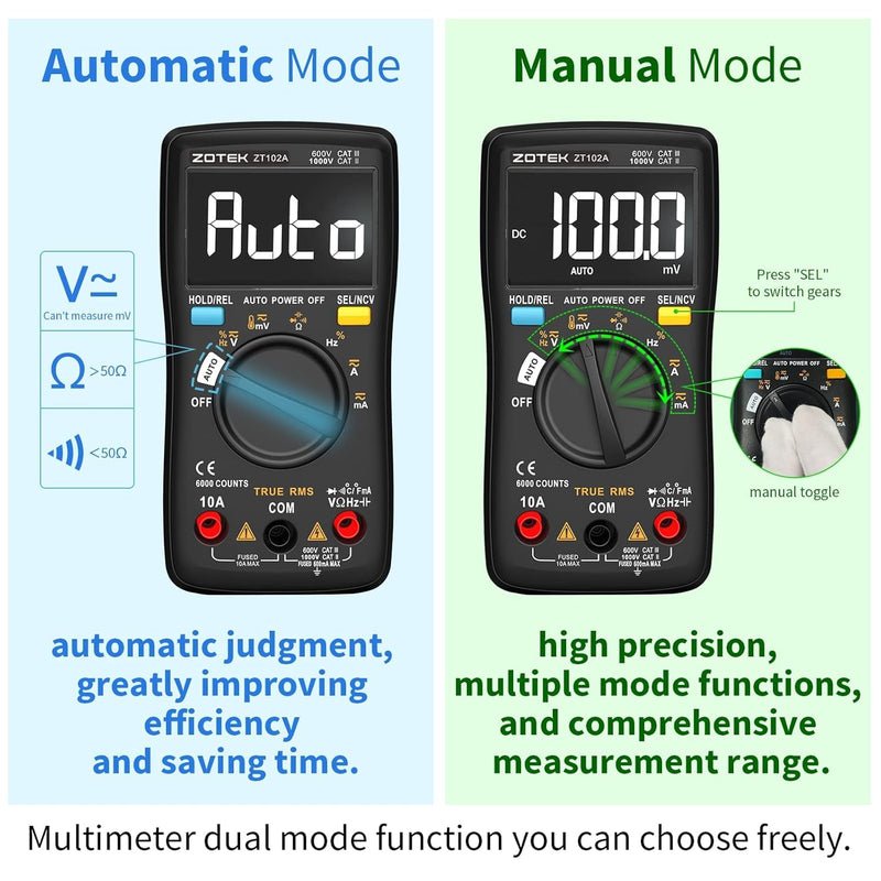 [Australia - AusPower] - ZOYI ZT102A High-Precision True RMS Auto-Ranging 6000 Count Digital Intelligent Multimeter with Burnout Protection for Home Appliance Repair Temperature Measurement Universal Meter 
