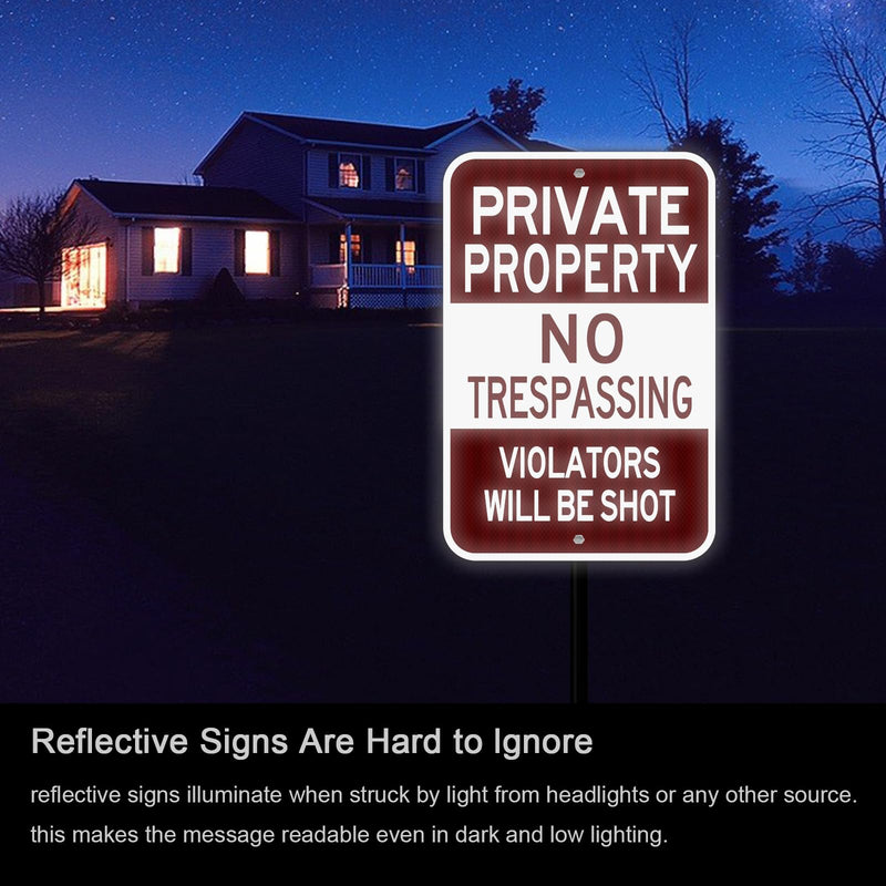 Private Property No Trespassing Sign 2 Pack, Large 18"x12" Violators Will Be Shot Sign, Heavy Duty Reflective Aluminum, Rust Free Weather Resistant Red- 18"x12"