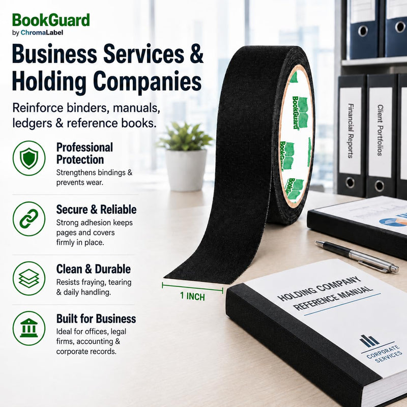 BookGuard 1 Inch Black Book Binding Tape, 15 Yard Book Repair Cloth Tape, Self-Adhesive Bookbinding Tape for Spines, Hinges, Covers, Bibles, Hymnals, Libraries and Schools 1" Wide