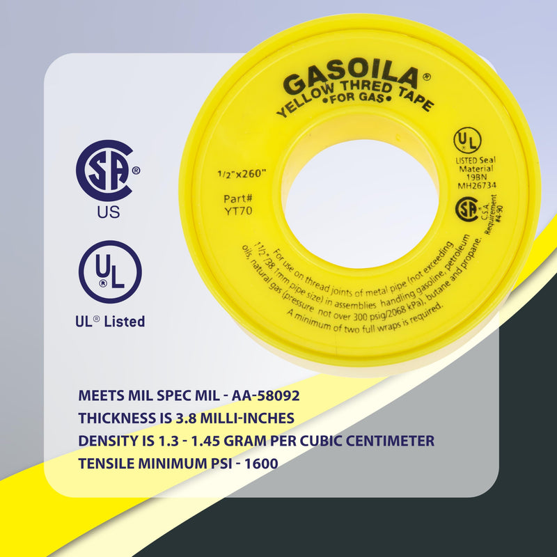 Gasoila Yellow PTFE Thread Seal Tape – Professional-Grade, 1/2 Inch x 260 Inch, High-Density Thread Tape for Gas Lines– Leak-Proof Seal, Non-Toxic 1/2 Inch x 260 Inch Roll- 1 Pack