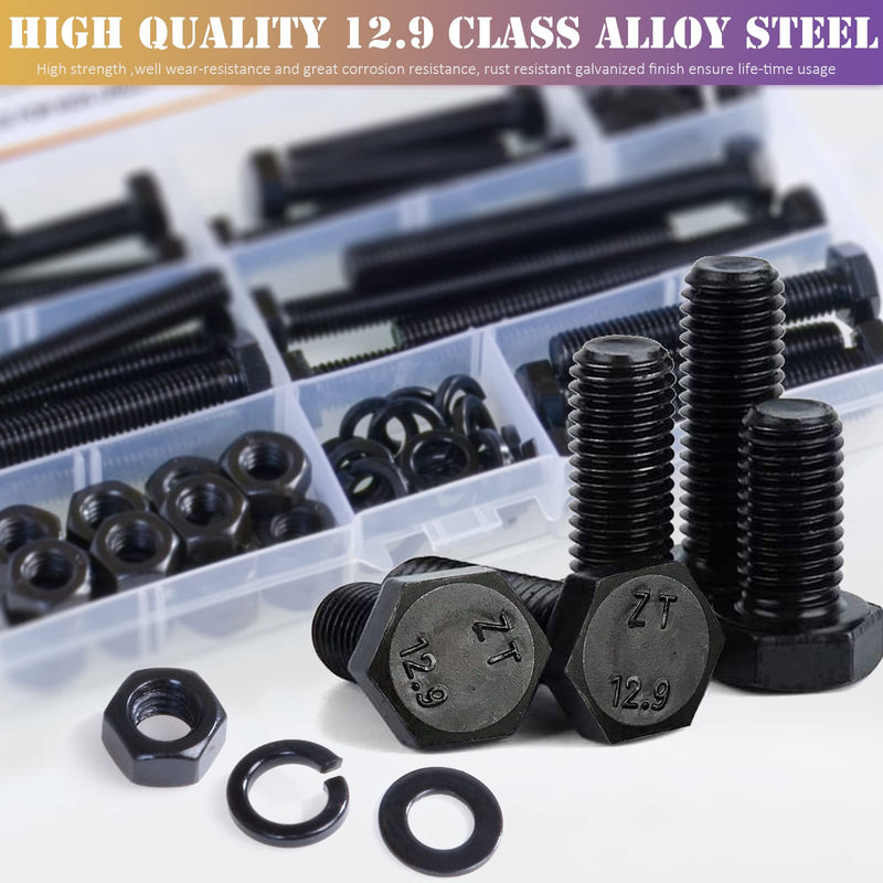 [Australia - AusPower] - 80Pcs m8 x 1.25 Bolt Metric Nuts and Bolts Assortment 30mm, 40mm, 50mm, 60mm, 70mm, 20 Sets Black Full Thread Hex Head Bolts and Nuts Kit M8, 12.9 Grade Alloy Steel with Flat and Lock Washers M8 Bolt Assortment 