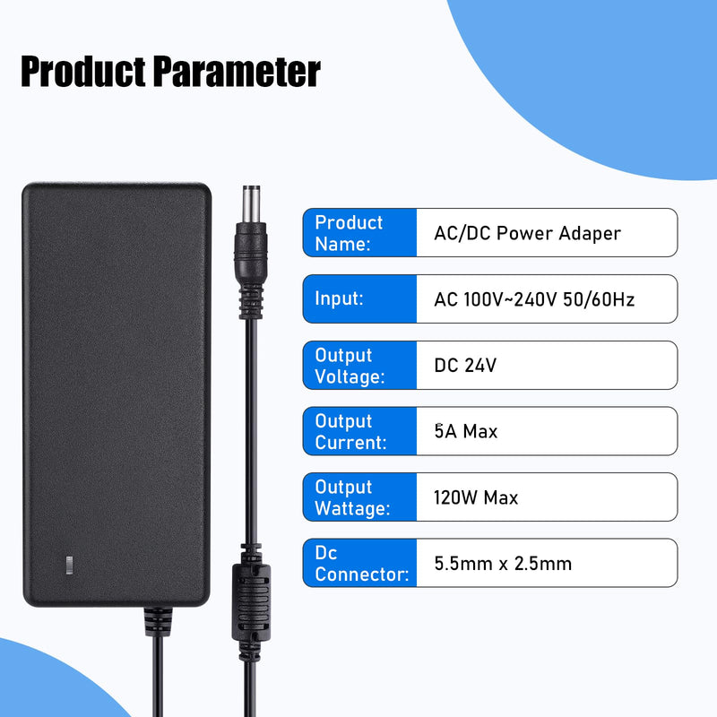 TOBWOLF DC 24V 5A Power Supply, 120W AC 100-240V Power Supply Transformers | AC 100-240V to DC 12 Volt Charger Transformer for LCD, TFT Monitor Power Supply Radio Alarm Clock, External Hard Drive