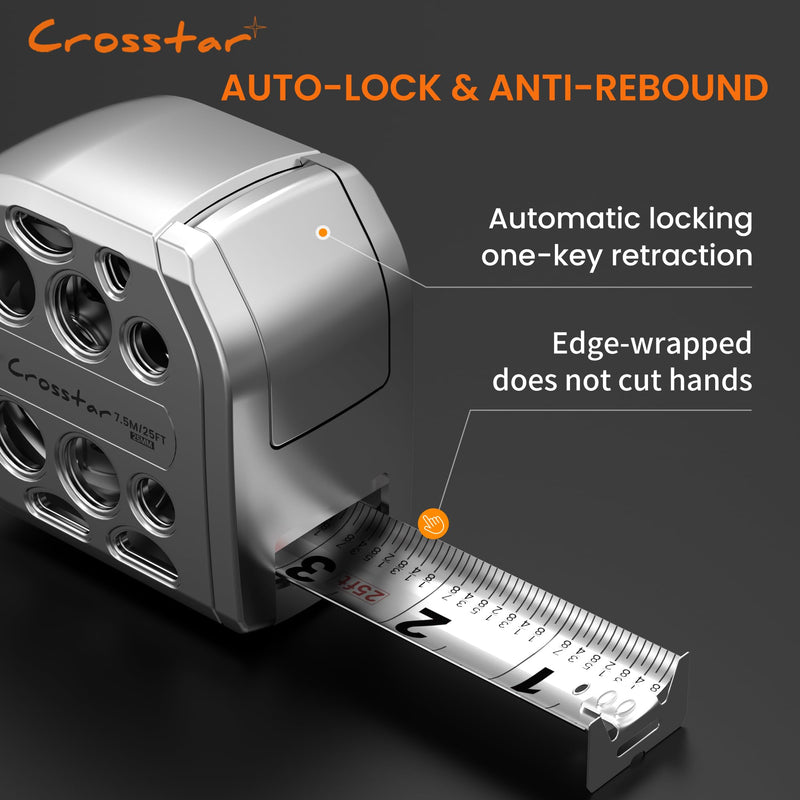 [Australia - AusPower] - Crosstar 25FT Magnetic Self-Locking Stainless Steel Tape Measure, Double-Sided Scale, Waterproof & Rustproof Retractable Measuring Tape with Hollow Design for Home, Industrial, Woodworking 25' 