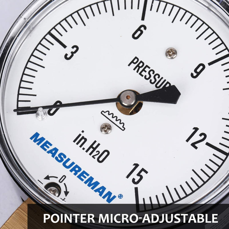 [Australia - AusPower] - MEASUREMAN Diaphragm Type Capsule Low Pressure Gauge, 2-1/2" Dial, 1/4"NPT Lower Mount, Adjustable, 0-15 in H2O(Inches of Water) 
