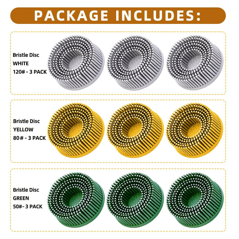 9 Pack 2 Inch Bristle Disc Grit 50# 80# 120# Attachment Abrasive Coating Removal Disc for Metal (9, 2 inch) 9