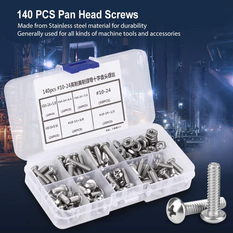 [Australia - AusPower] - 140pcs Set #10-24 Cross Pan Head Screws Stainless Steel Machine Bolts Nuts Pan Head Machine Screws Screws Assortment Set with Plastic Storage Box Assortment kit 