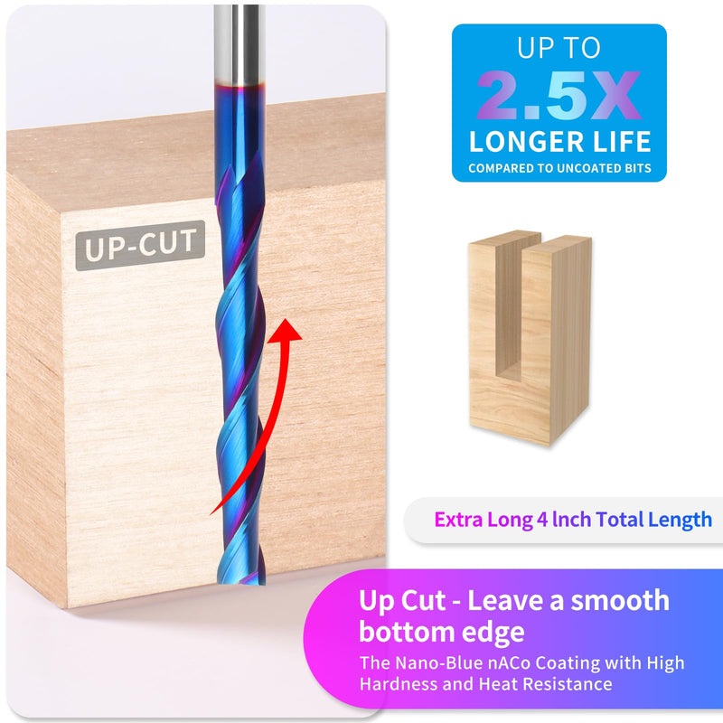 [Australia - AusPower] - Extra Long 4 Inch Upcut Spiral Router Bit 1/4 Inch Shank, 1/4 Inch Cutting Diameter, Solid Carbide with NACO Coating CNC Router Bits End Mill for Wood Cut, Trimming, Carving 4" OVL - Up Cut 