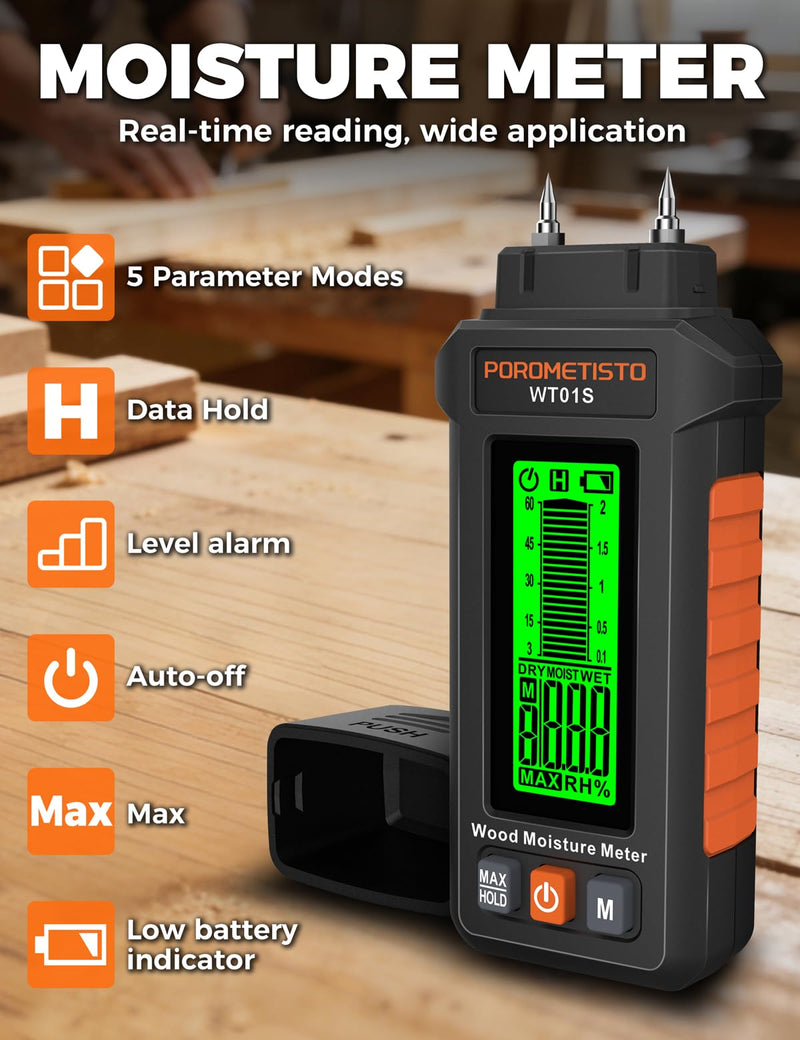 [Australia - AusPower] - 5 in 1 Moisture Meter, POROMETISTO 5 Modes Wood Moisture Meter with Three-Color Backlight, Data Hold & Max Measurement, Ideal for Wood (Oak/Pine/Walnut) and Building Materials 