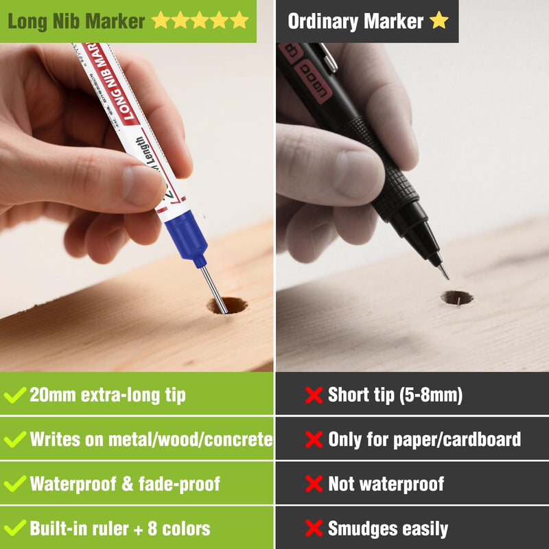 8pcs Long Nib Marker, Long Head Deep Hole Marker Pens, Waterproof Construction Markers Marking Tool, Multi-Purpose Deep Reach Pen Makes For Metal, Carpenter, Woodworking, Gift for Father's Day 8pcs-20mm