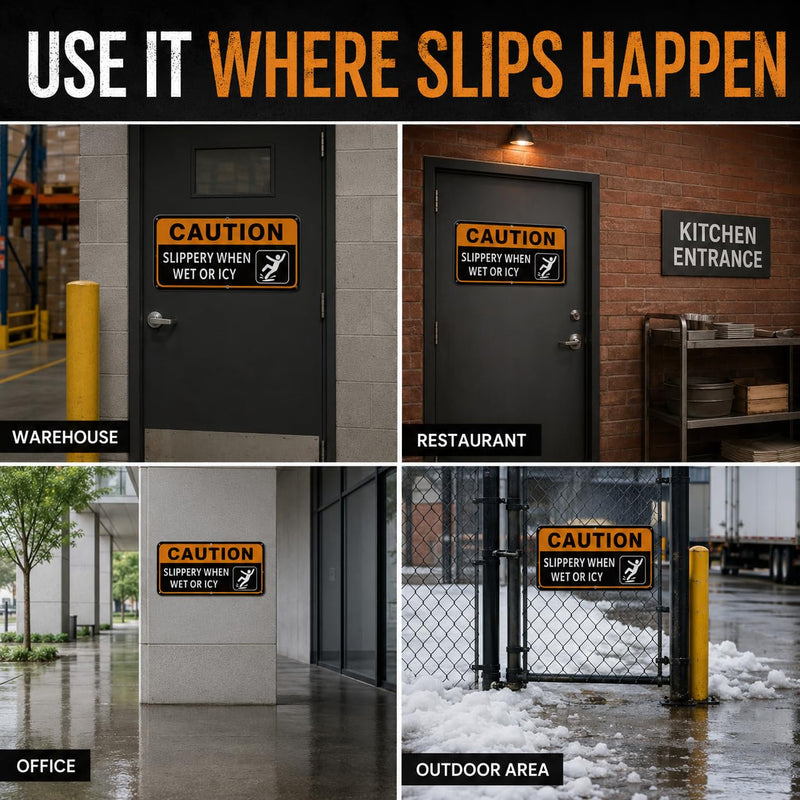 2 Pack Caution Slippery When Wet or Icy Sign, 12 x 6 Inch Reflective Aluminum Safety Warning Sign, UV Protected, Weather Resistant, Easy to Mount