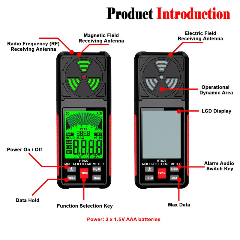 [Australia - AusPower] - EMF Meter, 3-in-1 Portable Electromagnetic Field Radiation Detector Handheld EMF Tester for EF, RF, MF, WiFi Signal, Radio Frequency Detector Suitable for Home Office EMF Inspections Ghost Hunting 