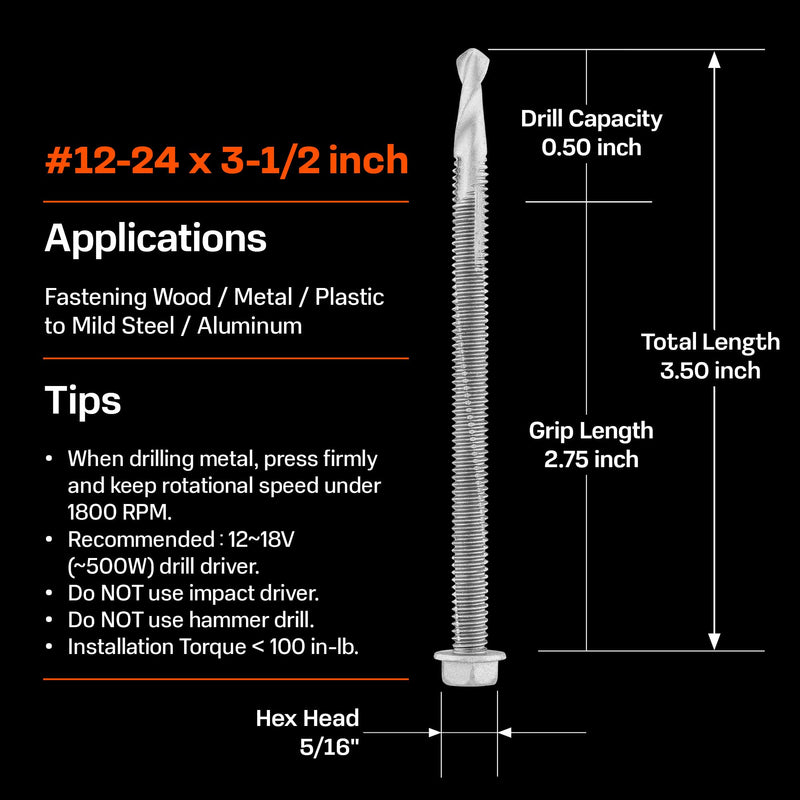 SUNKIN 40PCs Self Tapping Screws for Metal, Hex Head #12 x 3-1/2 Inch, Self Drilling for Thick Steel, Less Effort Installation, Long Lasting Anti Rust Coating #12x3-1/2 inch(40pcs)