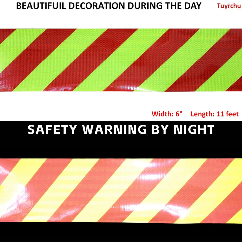Non Fading Reflective Tape Outdoor Waterproof 6 inch Wide, High Visibility Safety Warning Reflector Sticker Strips (11 feet) 6"X11ft PET Material--Fluorescent Yellow-Red 1