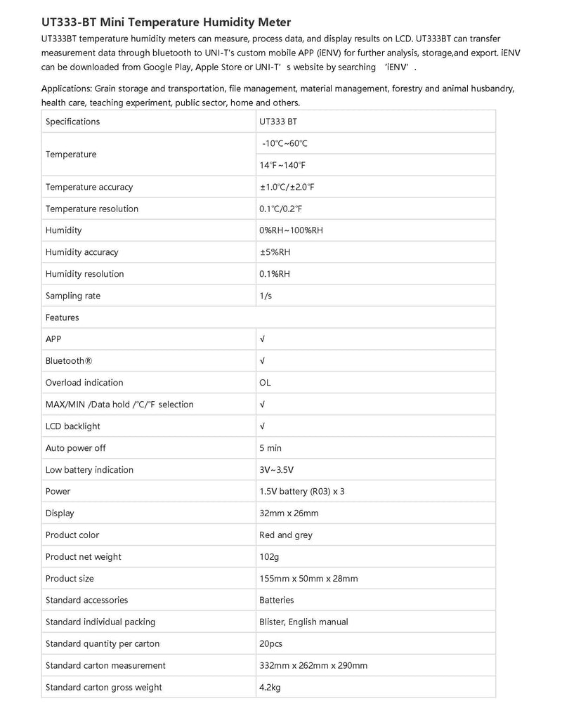 [Australia - AusPower] - UNI-T UT333BT Mini Temperature and Humidity Meter with Bluetooth, -10°C-60°C/-10.0°C-60.0°C, 0%RH-100%RH 