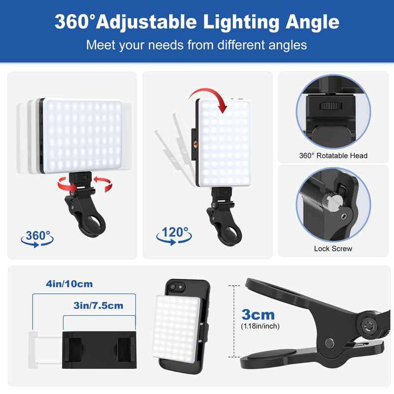 Selfie Light, Phone Light with Front & Back Clip, 60 LED Portable Light with 3 Modes, 5000mAh Rechargeable Video Light for Phone, iPhone, TikTok, Vlog Photographic Lighting Monolights(2 Pack) 2Pack Black