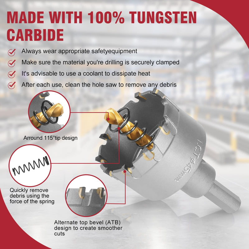 1-3/4 Inch Carbide Hole Saw with Titanium Plated Center Drill Bit, Heavy Duty TCT Hole Saw Metal Hole Cutter for Stainless Steel Iron Copper Brass Aluminum Alloy 1-3/4" / 45mm