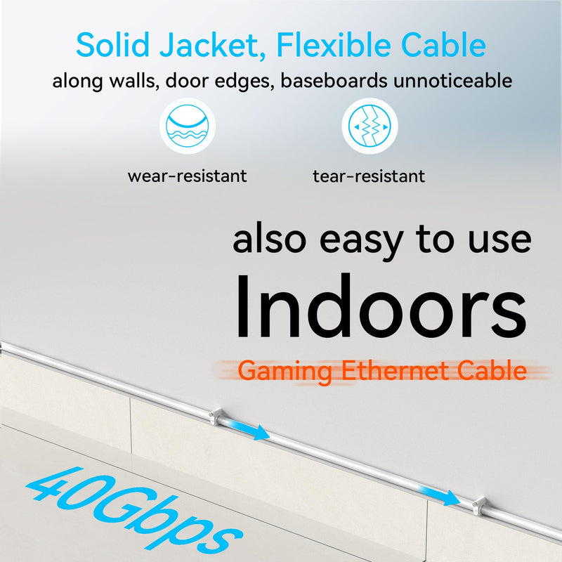 Sokqovt Cat 8 Ethernet Cable Slim 150ft Outdoor&Indoor, Pure Copper Cat8 Internet Cable for Waterproof & Direct Burial, Flexible Cat8 Ethernet Cable 40G 2000MHZ, Cat 8 Network Cable for Indoor White