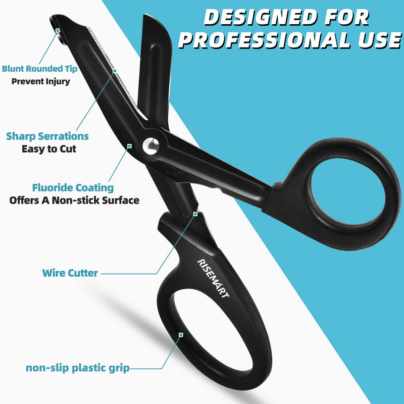 [Australia - AusPower] - Trauma Shears - RISEMART Bandage Scissors for Nurses, 7.5" Fluoride Coated Non-stick Blades Stainless Steel Nursing scissors for Doctor, Nurses, Nursing Students,EMS Black+black 