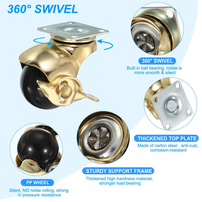 [Australia - AusPower] - PATIKIL 1.5 Inch Ball Caster Wheels with Brake, 4 Pack 360° Rotating Swivel Top Plate Wheels 298 lbs Total Capacity Locking Caster with M4 Screws for Furniture Table Cabinet Gold 