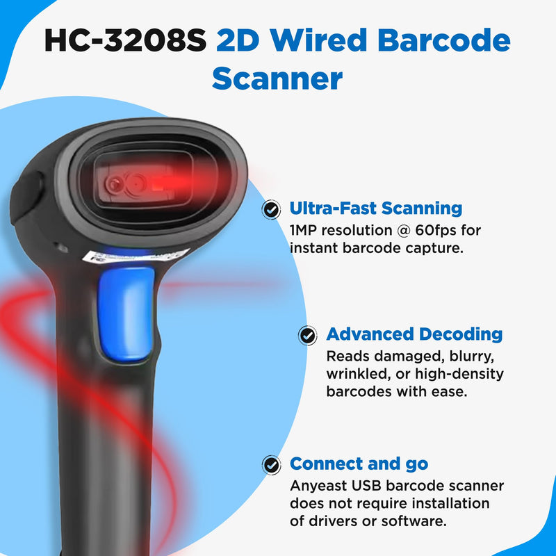 [Australia - AusPower] - Barcode Scanner with Stand, Code Reader with 1MP Image Sensor, 2D Barcode Scanner for Multi Purposes & Wired Connection with Visual Indicator Alert 