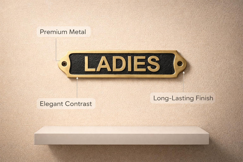 LADIES Brass with Black Door Plaque Sign | Metal Toilet Washroom Door Sign with Engraved Lettering | Wall & Door Name Plate with Mounting Screws for Home Office Shop | 22 x 5 cm | LADIES