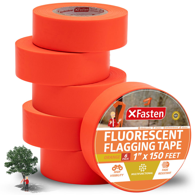XFasten Orange Flagging Tape 6-Pack, 1-Inch x 900 Feet Total Orange Marking Tape Ribbon, High Visibility Non-Fading Trail Marking Ribbon for Surveying, Trees, Construction Safety Caution - 150ft/roll 6-Pack (900 Feet Total)