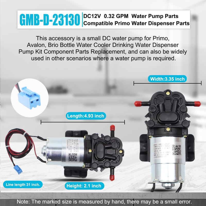 GMB-D-23130 Water Pump, DC 12V, 0.32 GPM, Compatible Primo Water Dispenser Parts, Avalon Water Dispenser Parts, Brio Bottle Bottle Water Cooler Water Dispenser Parts Replacement Replace DP005A2