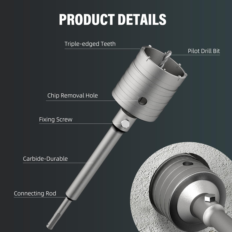BURMONG Concrete Hole Saw Set with 65/115/150mm Drill Bit and 220mm SDS Plus Connecting Rod, High-Strength Steel Triple-Edged Cutting, Suitable for Drilling Holes in Concrete Brick Stone Wall (65mm) 65mm