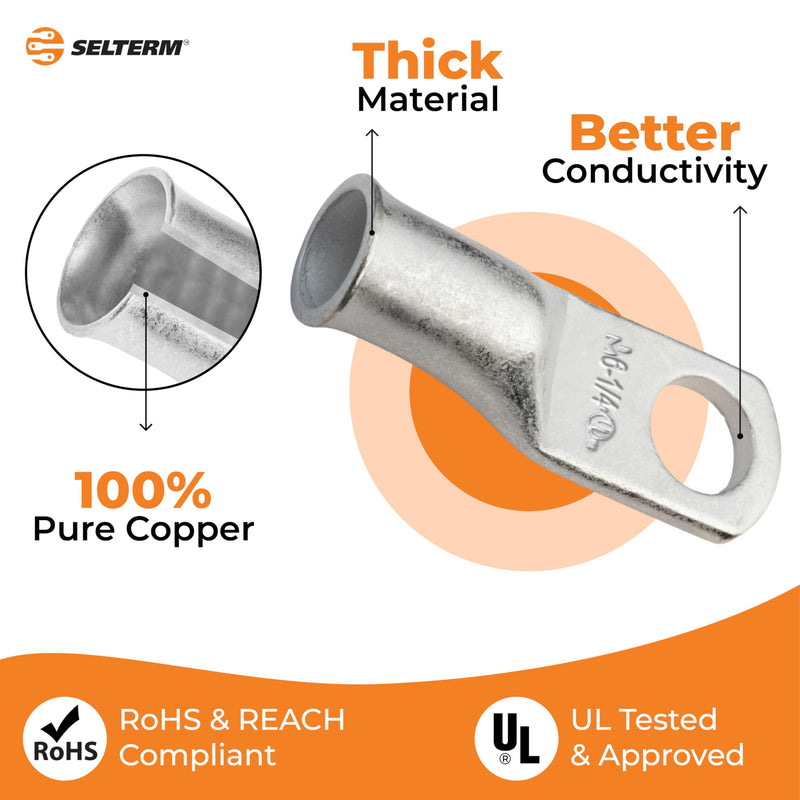 [Australia - AusPower] - SELTERM 25pcs 6 AWG 1/4" Stud Marine Grade Tinned Copper Battery Cable Lugs, 6 Gauge Ring Terminals, UL Wire Lugs Electrical Battery Cable Ends, Tinned Copper Lugs Battery Terminal Connectors 6 Awg - 1/4" (M6) Ring 25 