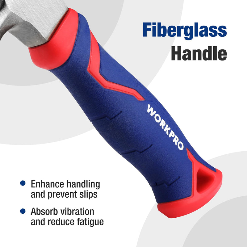 [Australia - AusPower] - WORKPRO 8 oz Claw Hammer with Fiberglass Handle, All Purpose Hammer with Forged Hardened Steel Head, Smooth Face & Shock Reduction Grip 