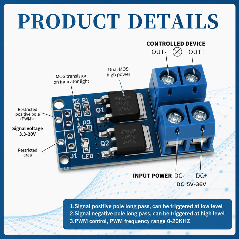 16pcs DC 5V-36V 400W FET Trigger Switch Drive Module Board, Dual MOSFET Switch Drive Module with High Performance Output, Driver Module PWM Control Board for Microcontroller, Driver Module