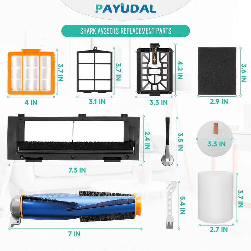 Replacement Parts For Shark AI AV2511AE AV2501S AV2610WA AV2501AE RV2502AE RV2610WA UR2500SR Ultra Robot Vacuum Cleaner Accessories Kit Main and Side Brush,Roller Brush Cover,HEPA Filter,Foam Filter 2+1+5+4+4+10+2+1+1+1