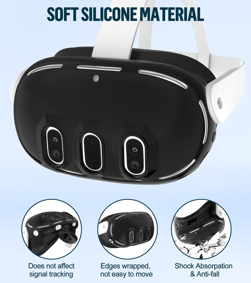 [Australia - AusPower] - Silicone Cover Set Compatible with Oculus/Meta Quest 3, VR Accessories Protective Cover Includes Controller Grips, Front Shell Headset Cover and Face Cover (Black) Black 